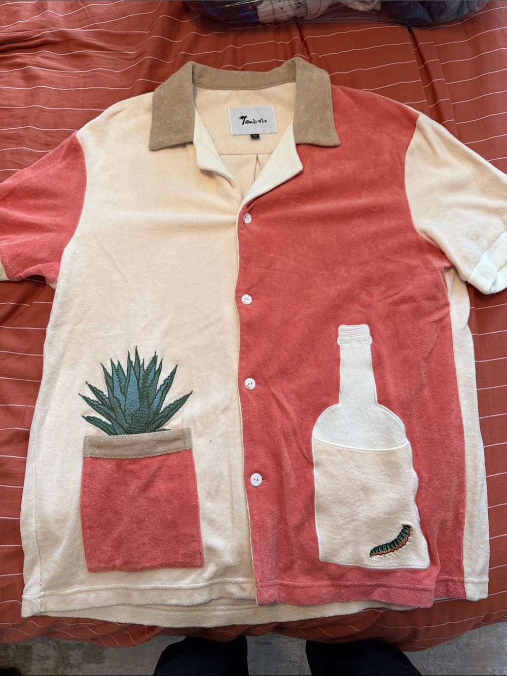 Two-Tone Terry Button-Down Shirt — Cream & Coral